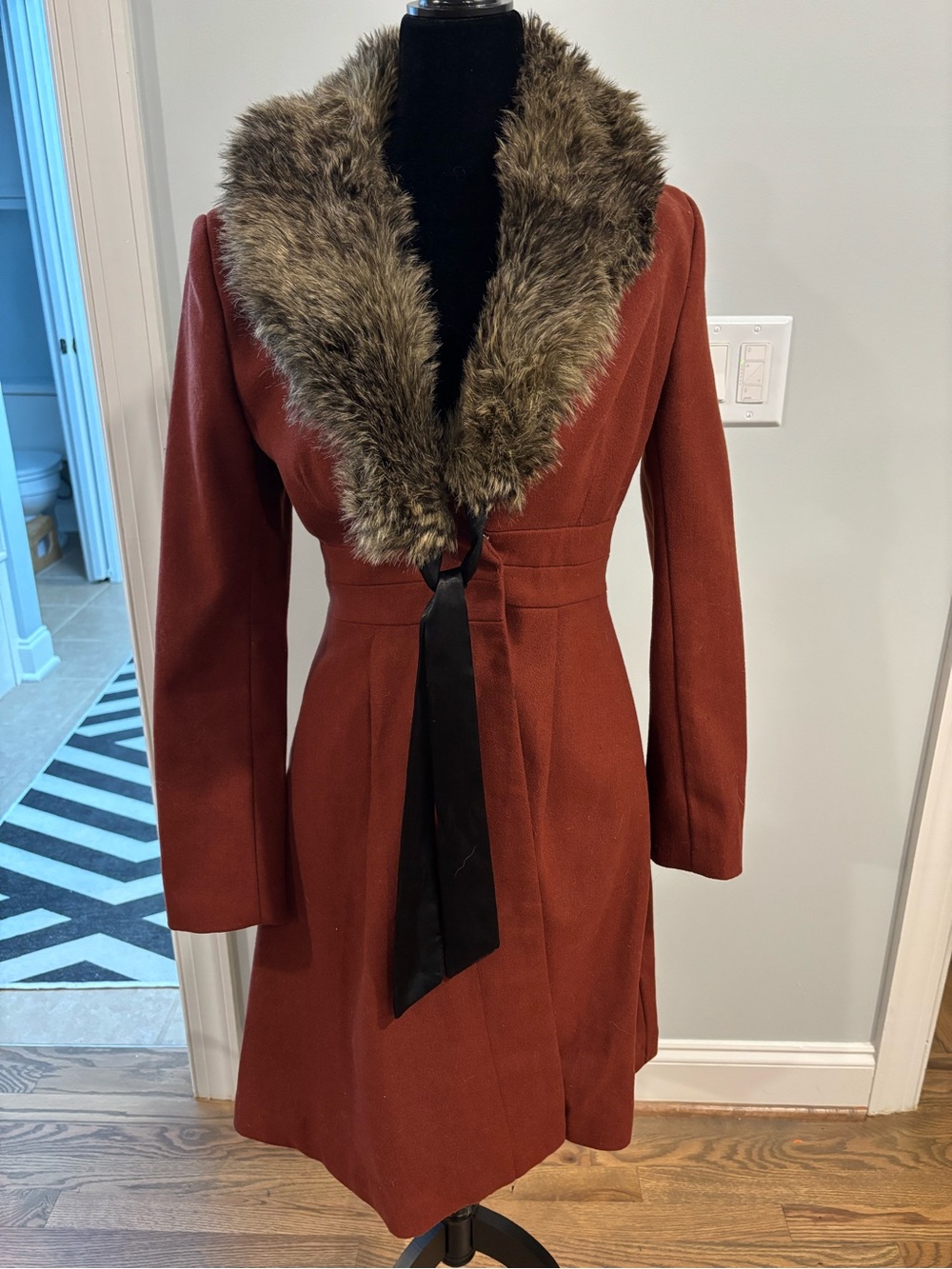 H&M Rust Brown Faux Fur-Trim Pea Coat